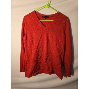 Tommy Hilfiger Red Vneck Sweater Bling Womens Size XL Shirt Pull Over Knit Cozy